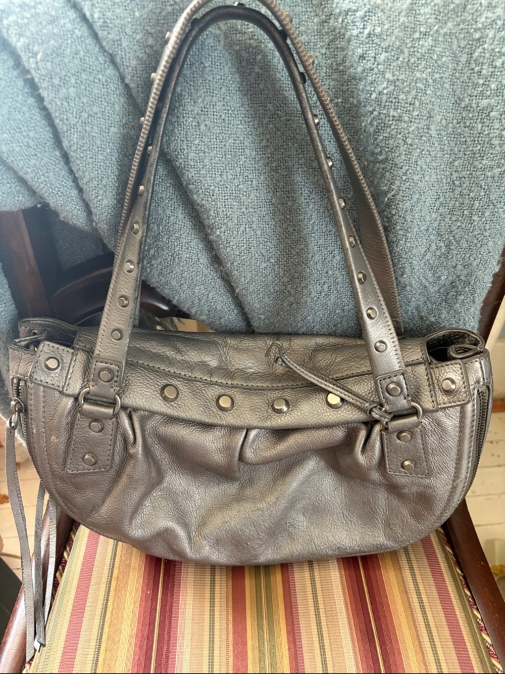 Botkier Dark Pewter/Silver Studded Pebbled Leather Shoulder Bag